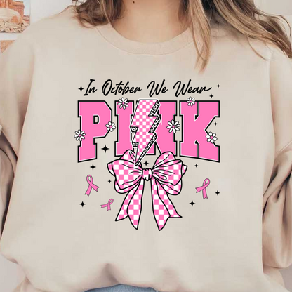 A vibrant graphic featuring the word "PINK" with a checkered lightning bolt, surrounded by flowers and a large bow. heat press transfers