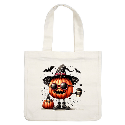 A cheerful pumpkin character in a starry witch hat, sunglasses, and boots, holding a coffee and a trick-or-treat bag.dtf regular iron