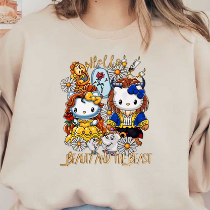 A whimsical design featuring Hello Kitty reimagined as Belle and the Beast from "Beauty and the Beast," surrounded by cheerful characters and flowers.DTF Transfers heat press transfers