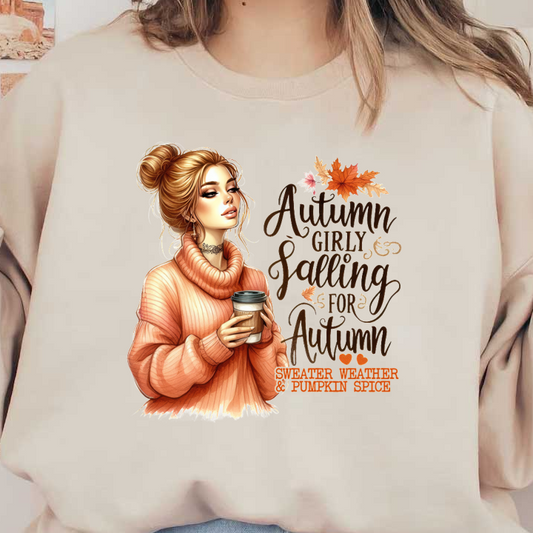 A cozy illustration of a girl in a warm sweater enjoying pumpkin spice, celebrating the beauty of autumn.dtf regular iron