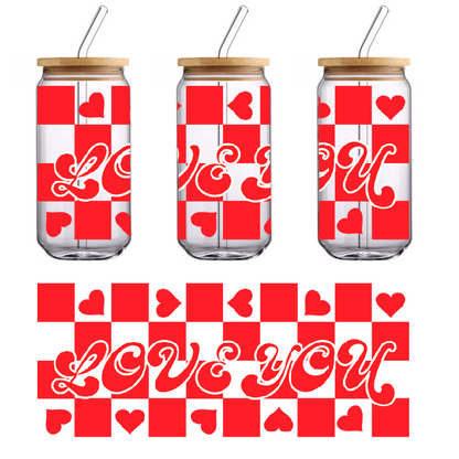 "Love you" sign in red and white with hearts on a checkered background.UV Transfers