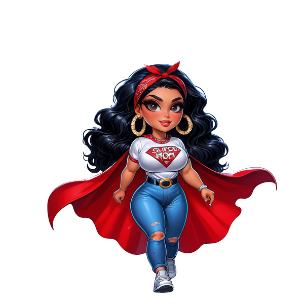 Un elegante personaje de superheroína que viste una espectacular capa roja, una camiseta "Super High" y jeans azules desgastados con una diadema.