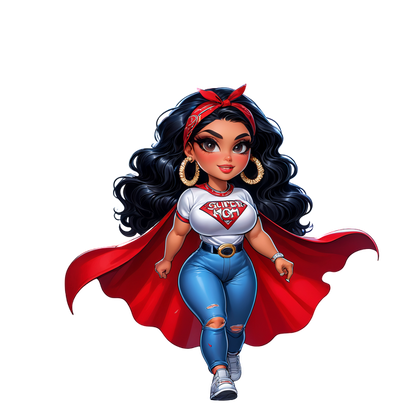 Un elegante personaje de superheroína que viste una espectacular capa roja, una camiseta "Super High" y jeans azules desgastados con una diadema.