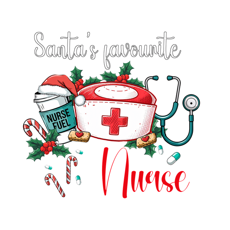 Celebrate the holidays with this festive design featuring "Santa's favourite Nurse," complete with cheerful elements like a nurse's hat, candies, and a stethoscope!DTF Transfers