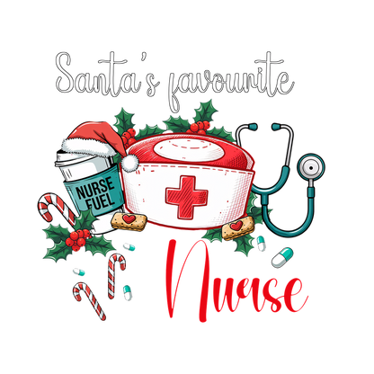 Celebrate the holidays with this festive design featuring "Santa's favourite Nurse," complete with cheerful elements like a nurse's hat, candies, and a stethoscope!DTF Transfers