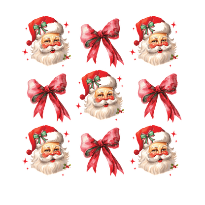 Un diseño festivo con caras de Papá Noel y lazos rojos vibrantes, perfecto para decoraciones navideñas o manualidades de temporada.