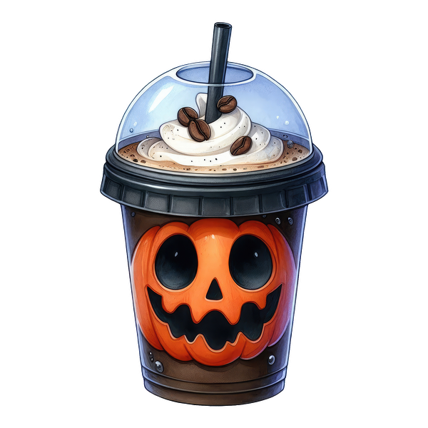 Un divertido frappuccino con temática de Halloween con cara de calabaza, cubierto con crema batida y granos de café, en una taza transparente.