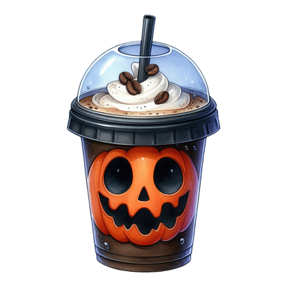 Un divertido frappuccino con temática de Halloween con cara de calabaza, cubierto con crema batida y granos de café, en una taza transparente.