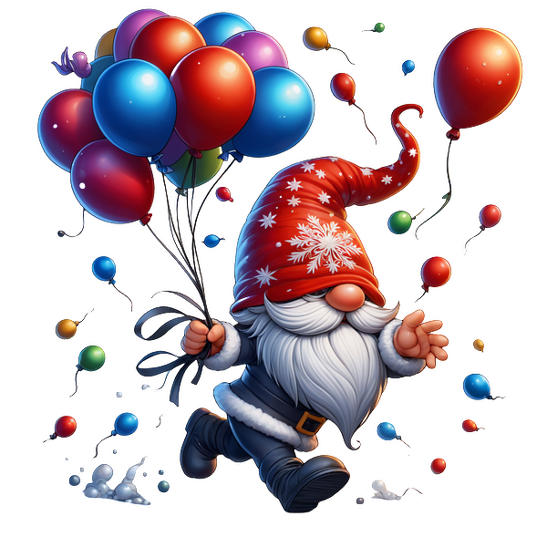 A cheerful gnome with a festive red hat and white beard joyfully holds colorful balloons while running through a snowy landscape. dtf transfers