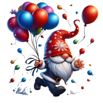 A cheerful gnome with a festive red hat and white beard joyfully holds colorful balloons while running through a snowy landscape. dtf transfers