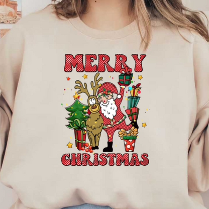 A cheerful Christmas illustration featuring Santa, a reindeer, colorful gifts, and a decorated tree with a festive greeting. dtf transfers