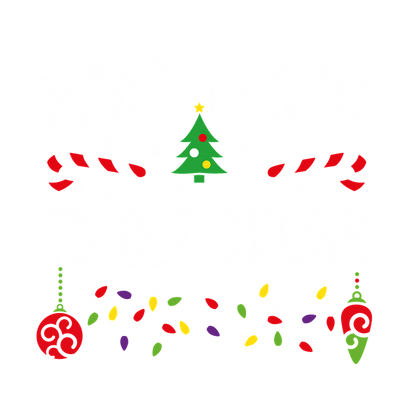 A playful holiday-themed design featuring the phrase "Most Likely to Get Drunk," adorned with festive elements like candy canes, a Christmas tree, and lights.DTF Transfersdtf regular irondtf regular iron