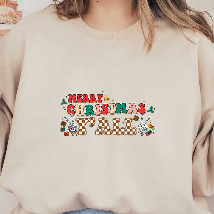 Celebrate the season with this playful "Merry Christmas Y'all" design featuring vibrant colors and festive elements. dtf prints