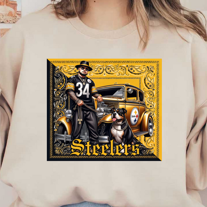 Una elegante ilustración que muestra a un hombre con una camiseta de los Steelers junto a un perro sonriente frente a un automóvil antiguo.