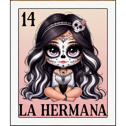 Un personaje colorido, estilo dibujos animados, con maquillaje del Día de Muertos, con cabello largo blanco y negro, llamado "La Hermana".