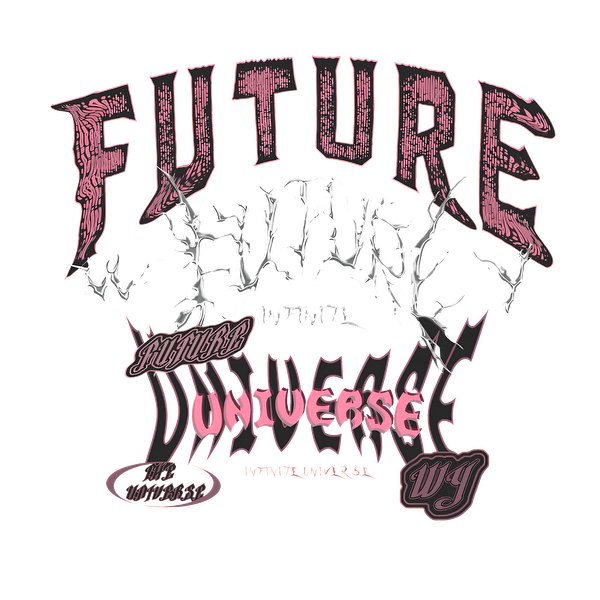 Un diseño gráfico audaz que presenta las palabras "FUTURO" y "UNIVERSO" en colores llamativos y patrones intrincados.