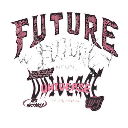 Un diseño gráfico audaz que presenta las palabras "FUTURO" y "UNIVERSO" en colores llamativos y patrones intrincados.