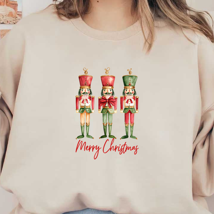 Tres coloridos soldados cascanueces con atuendos festivos celebran las fiestas con un mensaje de "Feliz Navidad" debajo.