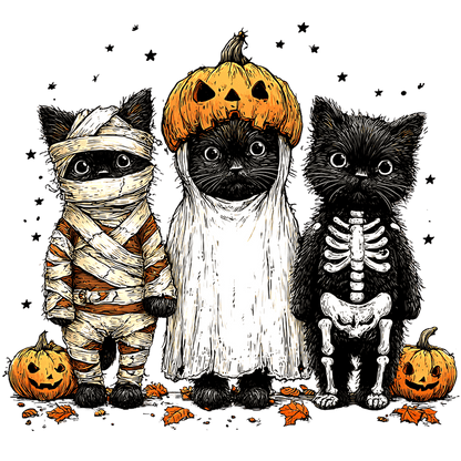 Three adorable black cats dressed in Halloween costumes, featuring a mummy, ghost, and skeleton.DTF Transfers