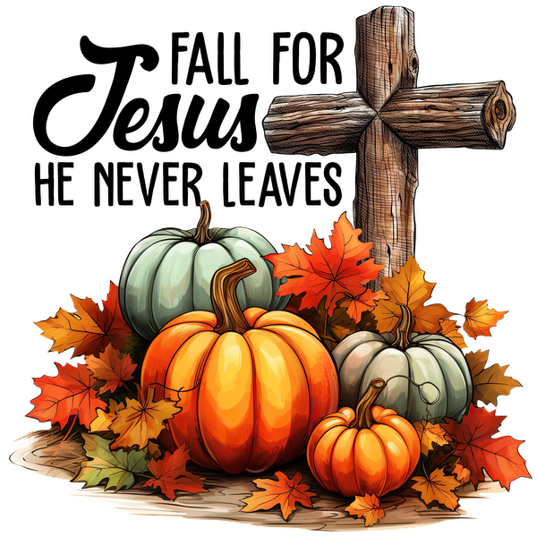 A charming autumn scene featuring colorful pumpkins and vibrant fall leaves, complemented by a rustic wooden cross.dtf regular iron