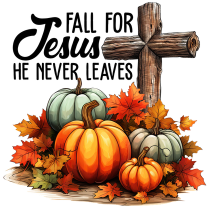 A charming autumn scene featuring colorful pumpkins and vibrant fall leaves, complemented by a rustic wooden cross.dtf regular iron