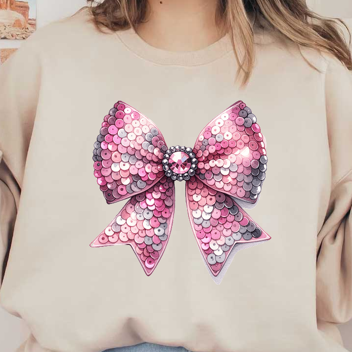 A sparkling pink sequin bow featuring a central gem, perfect for adding a touch of glamour to any outfit.DTF Transfers