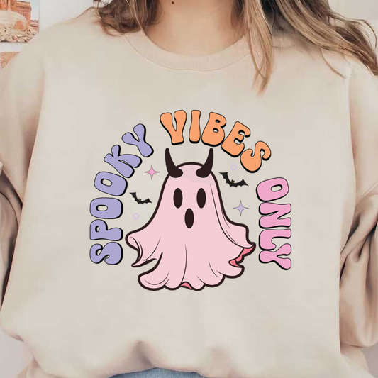 A playful, cartoonish ghost with horns surrounded by colorful text that reads "Spooky Vibes Only," perfect for Halloween decor. dtf prints