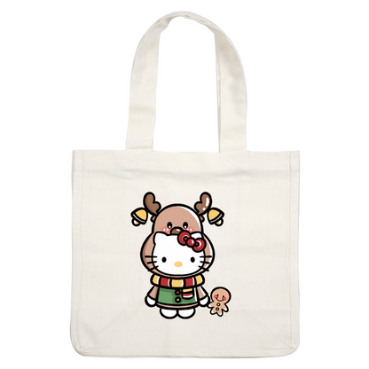 This festive illustration features Hello Kitty dressed in winter attire, accompanied by a reindeer and a cheerful gingerbread cookie.DTF Transfers