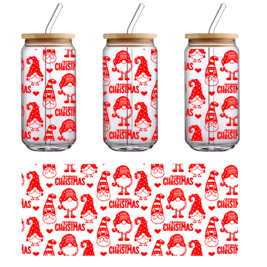 This festive red pattern features whimsical Christmas-themed illustrations, including trees and cheerful characters, perfect for holiday designs.UV Transfers