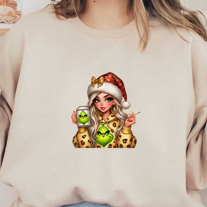 A stylish girl in a festive hat and leopard-print hoodie, holding a Grinch-themed cup with a playful expression.DTF Transfers heat press transfers