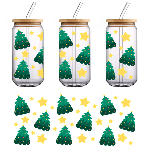 A festive pattern featuring green Christmas trees adorned with colorful ornaments and bright yellow stars, perfect for holiday decorations.UV Transfersdtf regular iron