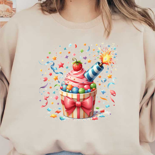 A vibrant cupcake topped with pink frosting, a cherry, colorful candies, and a festive cannon, surrounded by confetti and stars.DTF Transfers