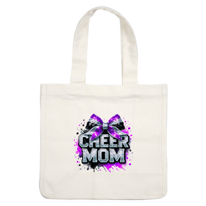 Bright and playful "Cheer Mom" graphic featuring a sparkly black and purple bow, perfect for celebrating cheerleading enthusiasts!DTF Transfers dtf transfers