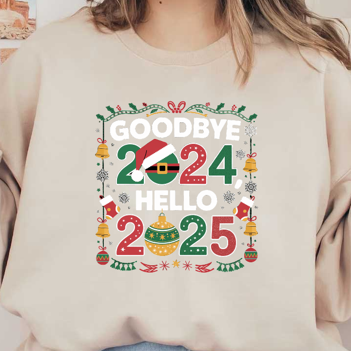 Celebrate the transition from 2024 to 2025 with this festive, colorful design featuring holiday motifs like ornaments and snowflakes!DTF Transfers