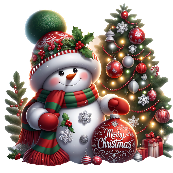 A cheerful snowman, adorned with a festive scarf and hat, stands beside a decorated Christmas tree, holding a "Merry Christmas" ornament.DTF Transfers dtf prints