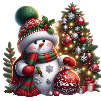 A cheerful snowman, adorned with a festive scarf and hat, stands beside a decorated Christmas tree, holding a "Merry Christmas" ornament.DTF Transfers dtf prints