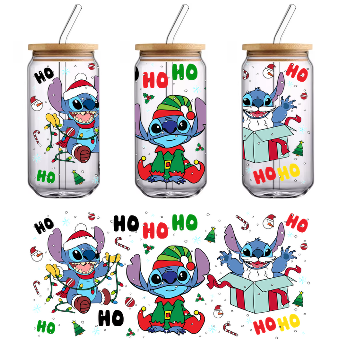 Celebrate the holidays with this colorful, playful illustration of Stitch in festive attire, spreading cheer and joy!UV Transfers