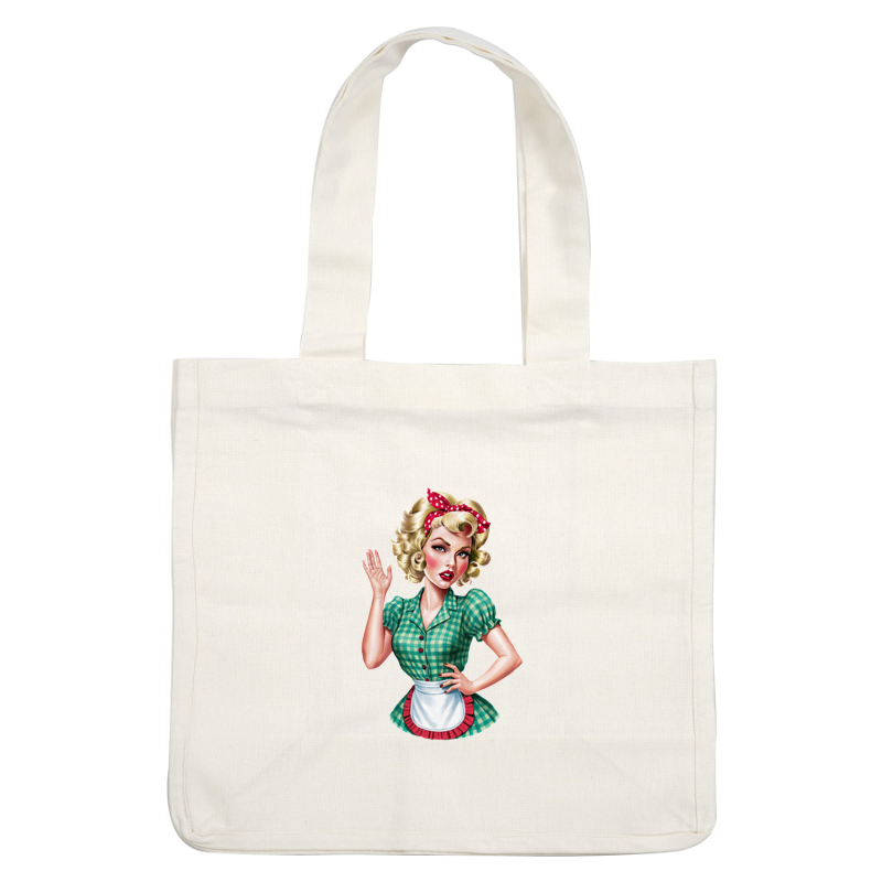 A vintage-style pin-up girl in a green checkered dress and apron, playfully waving with a retro hairdo and headband. heat press transfers