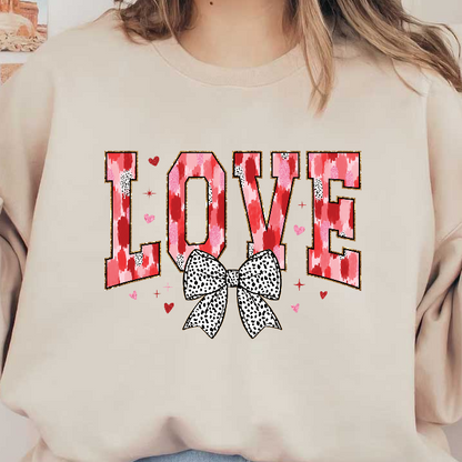 A playful "LOVE" graphic featuring vibrant red watercolor designs and a cute black-and-white polka dot bow, adorned with hearts.DTF Transfers