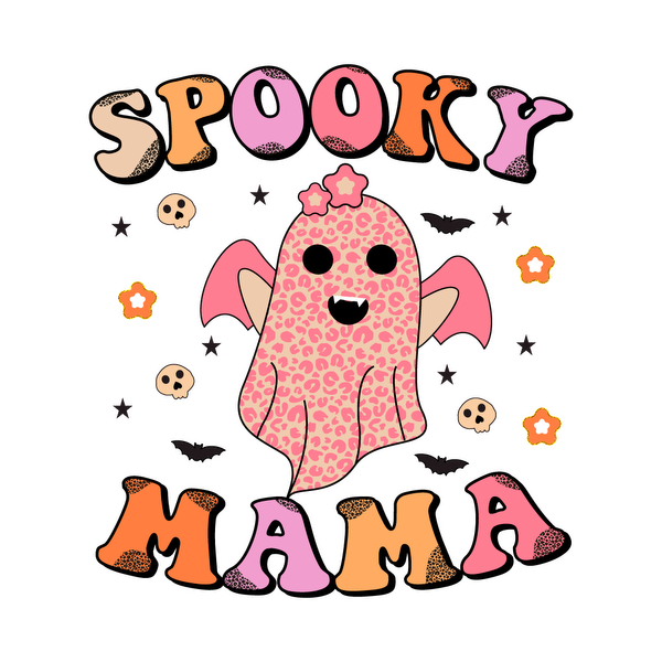 A playful and colorful design featuring a cute ghost with leopard spots and the text "Spooky Mama" surrounded by stars and skulls. dtf prints