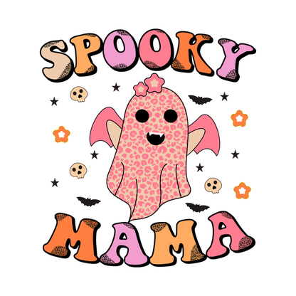 A playful and colorful design featuring a cute ghost with leopard spots and the text "Spooky Mama" surrounded by stars and skulls. dtf prints