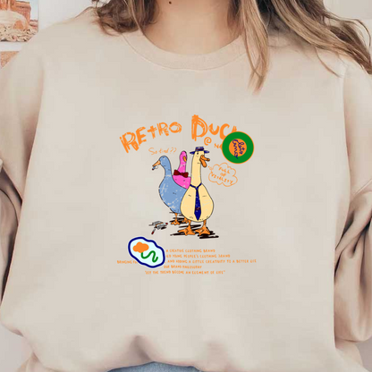 Colorful and playful illustration featuring three retro-style ducks wearing accessories, promoting a fun brand with a whimsical vibe.dtf regular iron