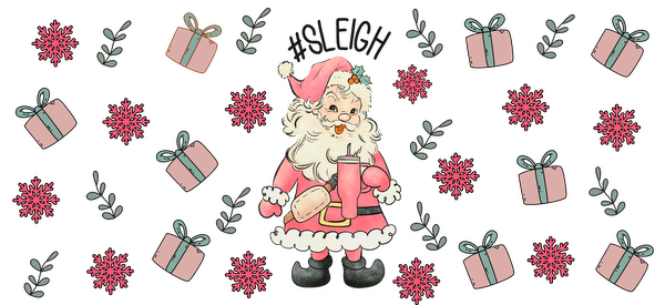 Celebrate the festive season with this cheerful vintage Santa holding a drink, surrounded by pink gifts and snowflakes!UV Transfersdtf regular iron