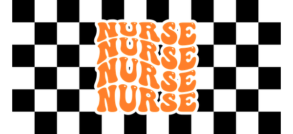 Diseño divertido de estilo retro con la palabra "NURSE" repetida en letras naranjas llamativas. ¡Perfecto para homenajear a los profesionales de la enfermería! Transferencias UV