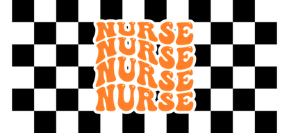 Diseño divertido de estilo retro con la palabra "NURSE" repetida en letras naranjas llamativas. ¡Perfecto para homenajear a los profesionales de la enfermería! Transferencias UV