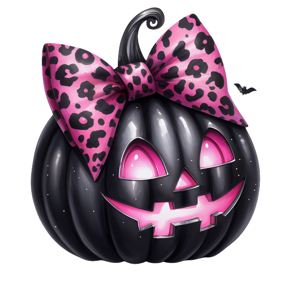 Una divertida calabaza negra con un lazo con estampado de leopardo rosa y ojos brillantes, perfecta para una elegante decoración de Halloween.