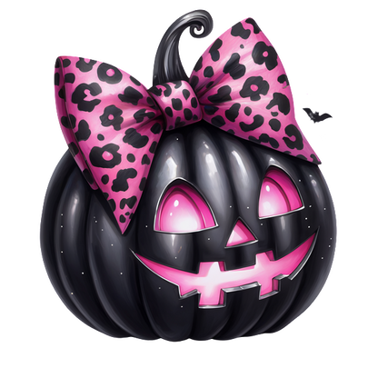 Una divertida calabaza negra con un lazo con estampado de leopardo rosa y ojos brillantes, perfecta para una elegante decoración de Halloween.