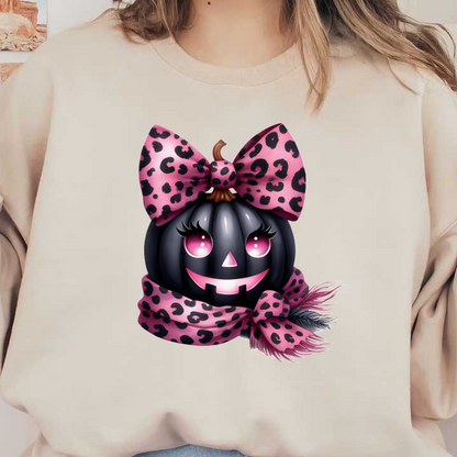 ¡Esta linda calabaza negra presenta divertidos accesorios con estampado de leopardo rosa, incluido un lazo grande y una bufanda acogedora, perfecta para Halloween!