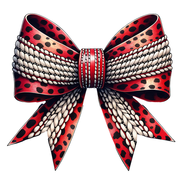 A vibrant red and black spotted bow with intricate braided detailing, perfect for festive decorations or stylish accessories. dtf transfers