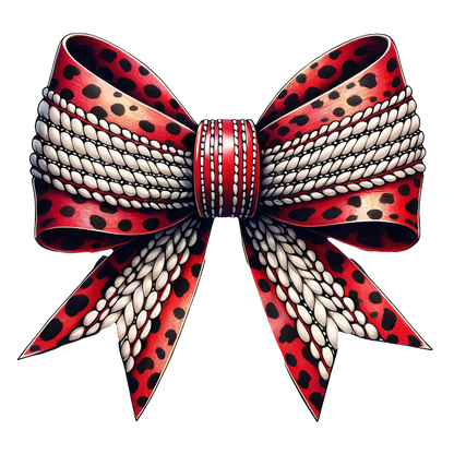 A vibrant red and black spotted bow with intricate braided detailing, perfect for festive decorations or stylish accessories. dtf transfers